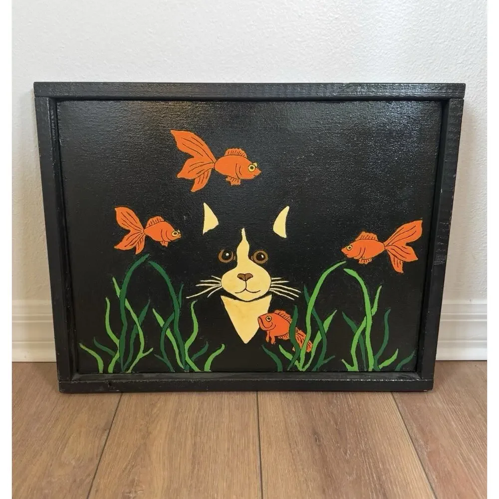 Folk Art Painted Canvas Black Cat Fishbowl Goldfish Scene Kitschy Whimsical - Picture 1 of 10